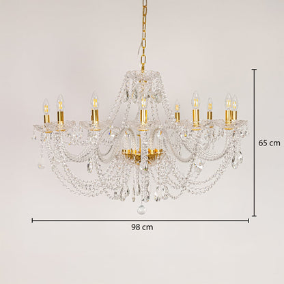 Large gold crystal chandelier sized 65 cm height and 98 cm width ideal for grand living room or dining room ceiling lighting.