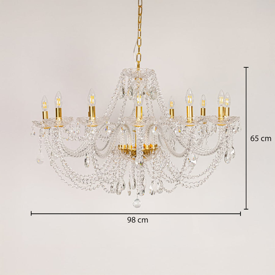 Large gold crystal chandelier sized 65 cm height and 98 cm width ideal for grand living room or dining room ceiling lighting.