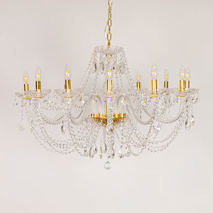Large gold crystal chandelier displayed on white background ideal for classic bright interior ceiling styling.