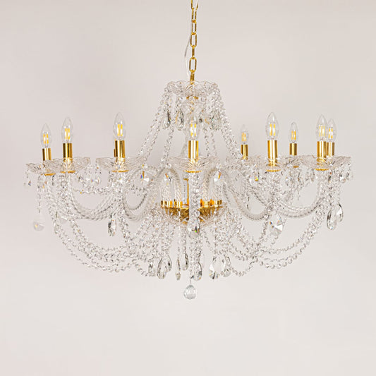 Large gold crystal chandelier displayed on white background ideal for classic bright interior ceiling styling.