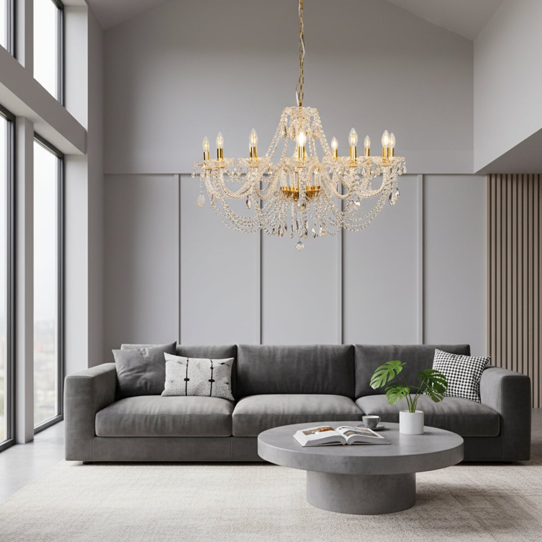 Large gold crystal chandelier adds elegant bright lighting to living room or dining room ceilings creating a luxury ambience.