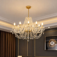 Elegant gold metal crystal chandelier for dining room foyer and luxury interiors with sparkling ambient lighting.