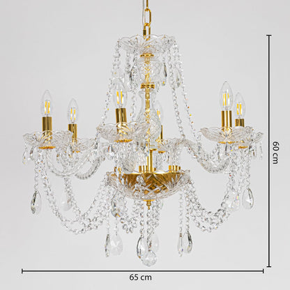 Gold metal crystal chandelier sized 60 cm height and 65 cm width ideal for elegant living room or dining room ceiling lighting.
