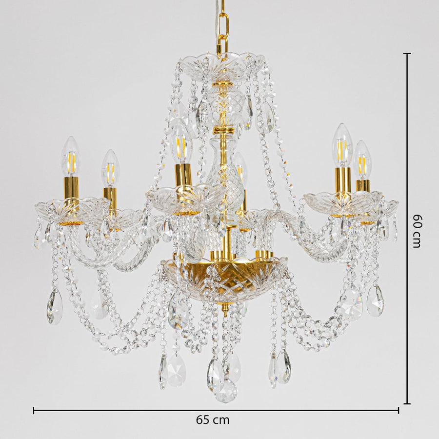 Gold metal crystal chandelier sized 60 cm height and 65 cm width ideal for elegant living room or dining room ceiling lighting.