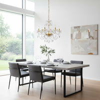 Gold metal crystal chandelier adds bright elegant lighting to living room or dining room ceilings creating a luxury ambience.