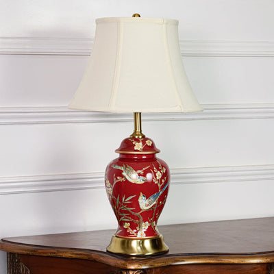 Elegance Glow Chinese Style Ceramic Table Lamp with White Shade - Red