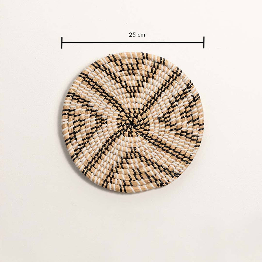 Dimension image of handcrafted black natural seagrass wall basket with geometric chevron star X pattern for boho wall decor.