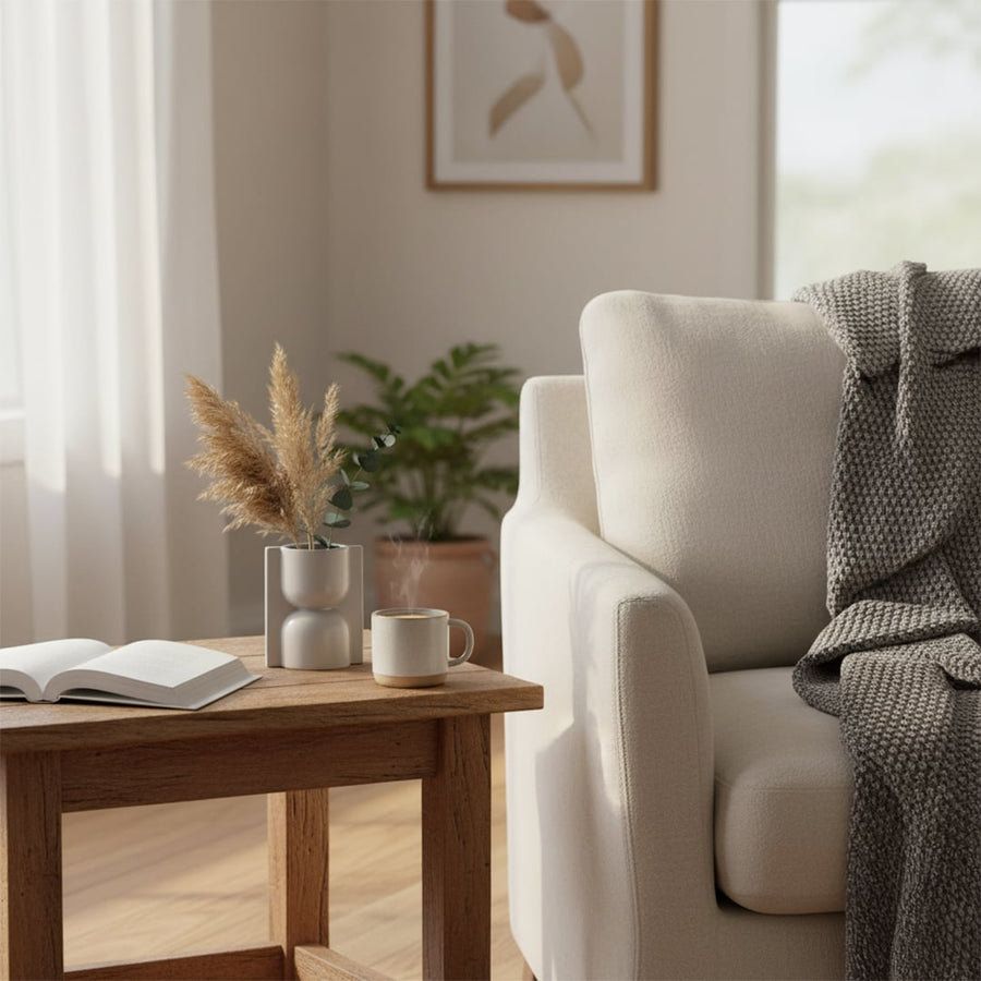 Light grey geometric ceramic vase styled in a modern interior perfect for consoles shelves and elegant minimal contemporary home decor.