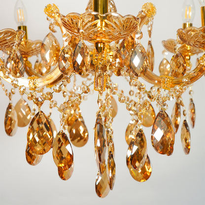 Closeup image of venetian crystal chandelier for elegant living room decor styling with beautiful crystal accents.