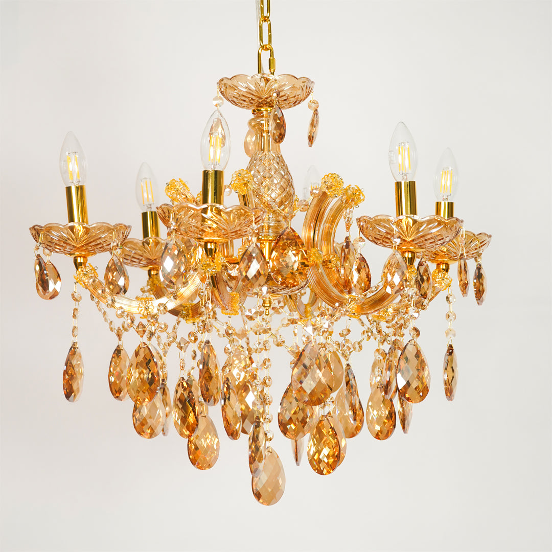 White background image of venetian crystal chandelier for elegant dining room decor styling with unlit crystal arms.