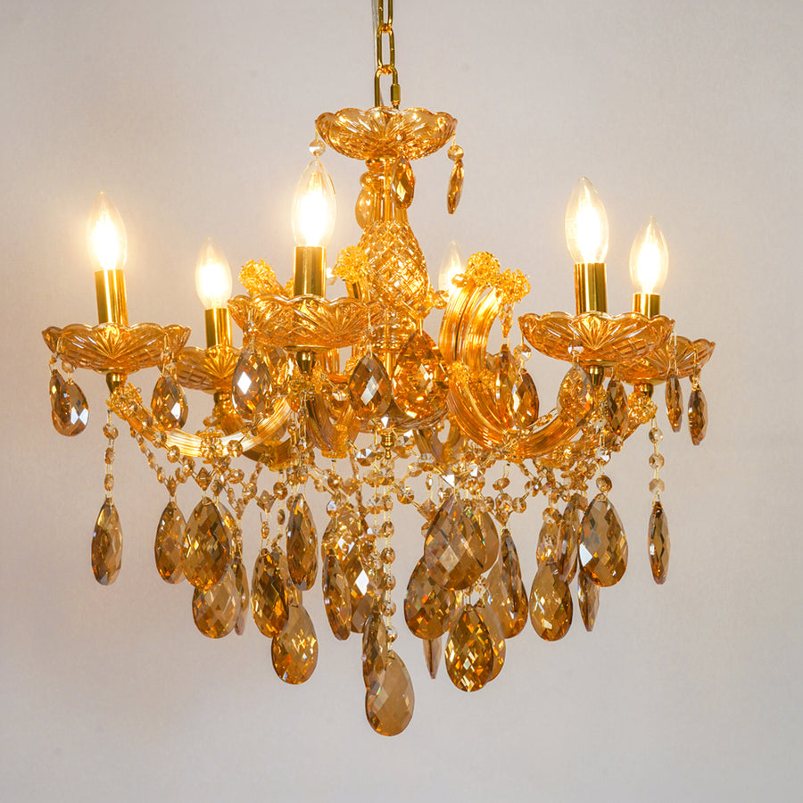 White background image of venetian crystal chandelier for modern living room decor styling with a bright warm glow.