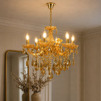 Lifestyle image of venetian crystal chandelier for luxury living room decor styling with elegant crystal detailing.