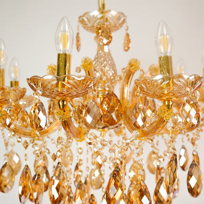 Closeup image of large venetian crystal chandelier for modern dining room decor styling with elegant crystal detailings.