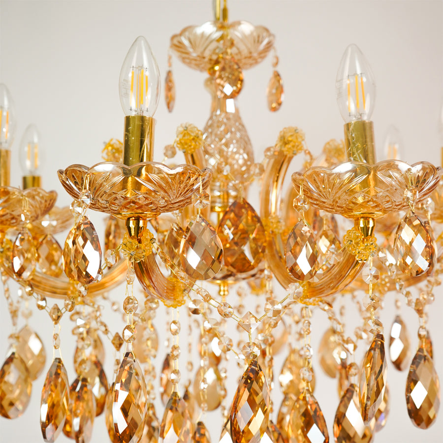 Closeup image of large venetian crystal chandelier for modern dining room decor styling with elegant crystal detailings.