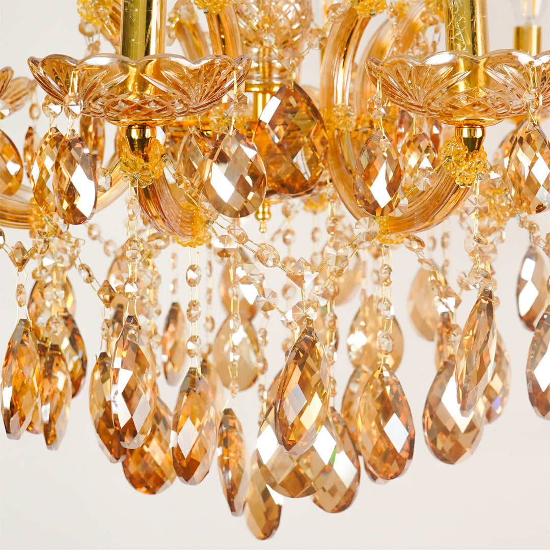 Closeup image of large venetian crystal chandelier for elegant living room decor styling with beautiful crystal accents.