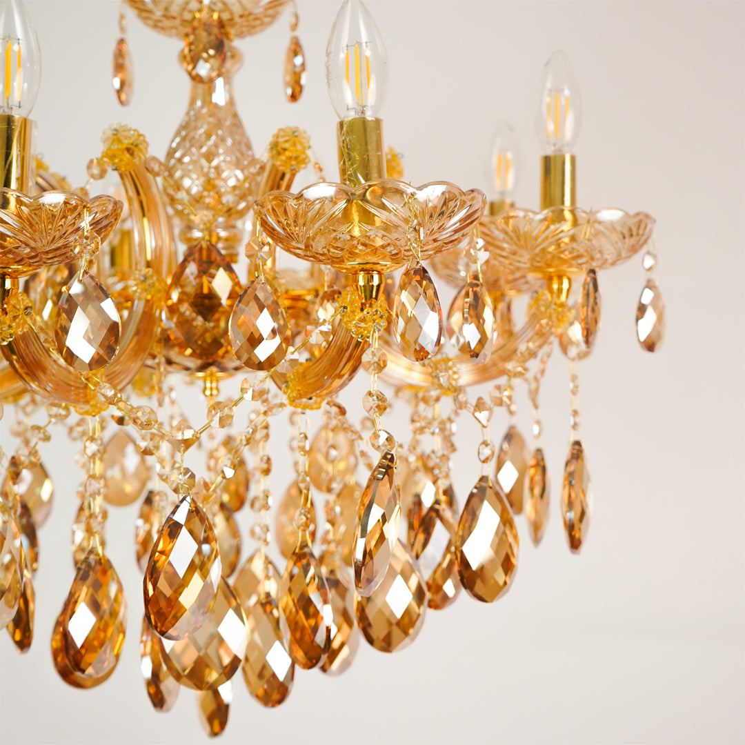 Closeup image of large venetian crystal chandelier for luxury living room decor styling with polished finish.