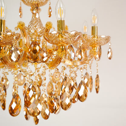 Closeup image of large venetian crystal chandelier for luxury living room decor styling with polished finish.