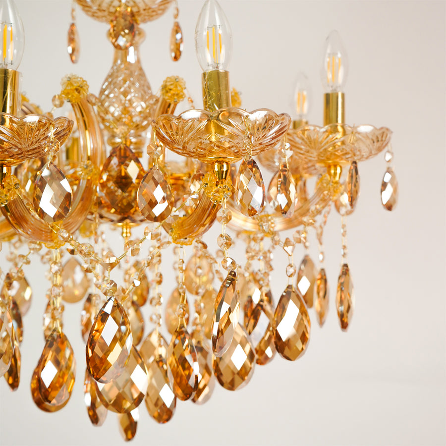 Closeup image of large venetian crystal chandelier for luxury living room decor styling with polished finish.