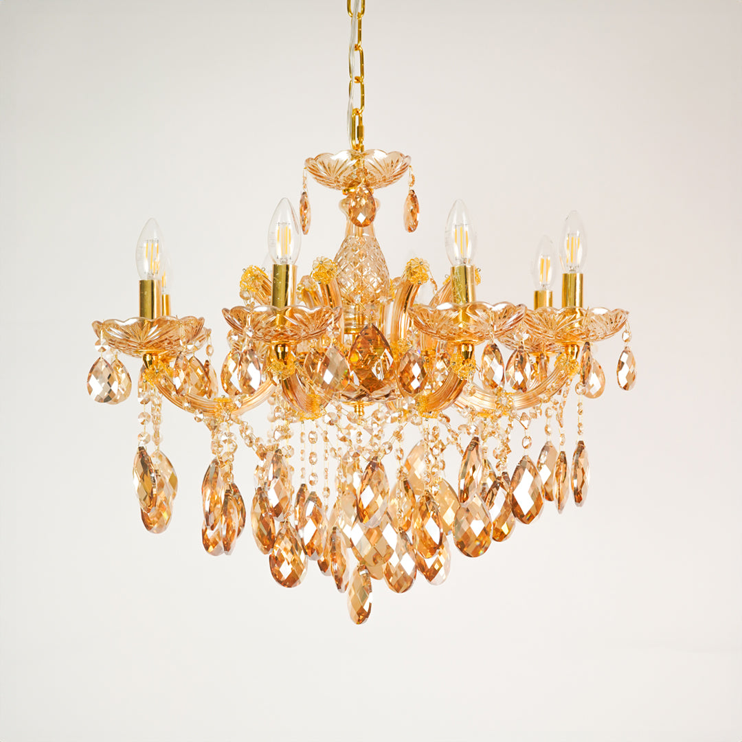 White background image of large venetian crystal chandelier for elegant dining room decor styling with unlit crystal arms.
