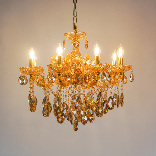 White background image of large venetian crystal chandelier for modern living room decor styling with a bright warm glow.