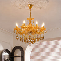 Lifestyle image of large venetian crystal chandelier for luxury living room decor styling with elegant crystal detailing.