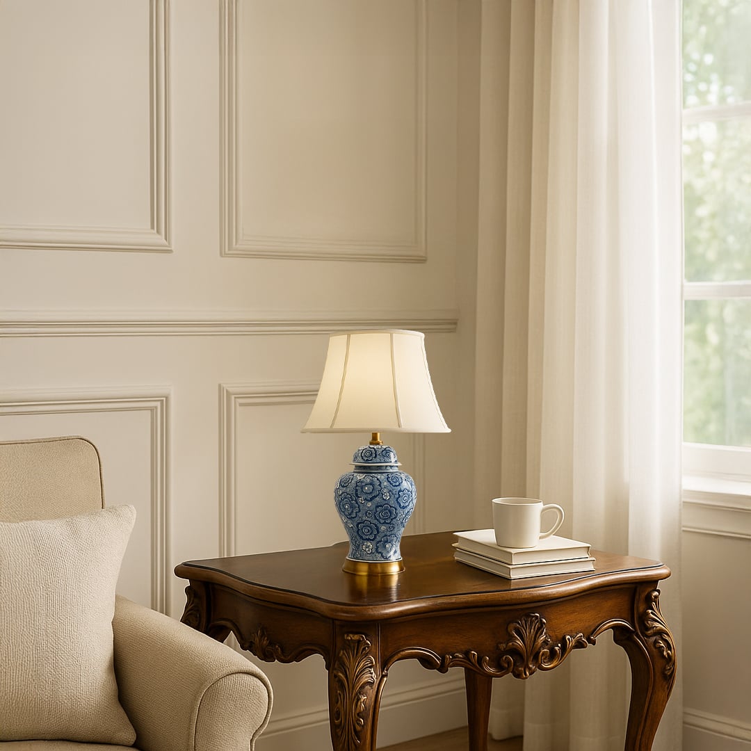 Elegant table lamp with blue ceramic base and white fabric shade styled on wooden side table in classic luxury living room setting.