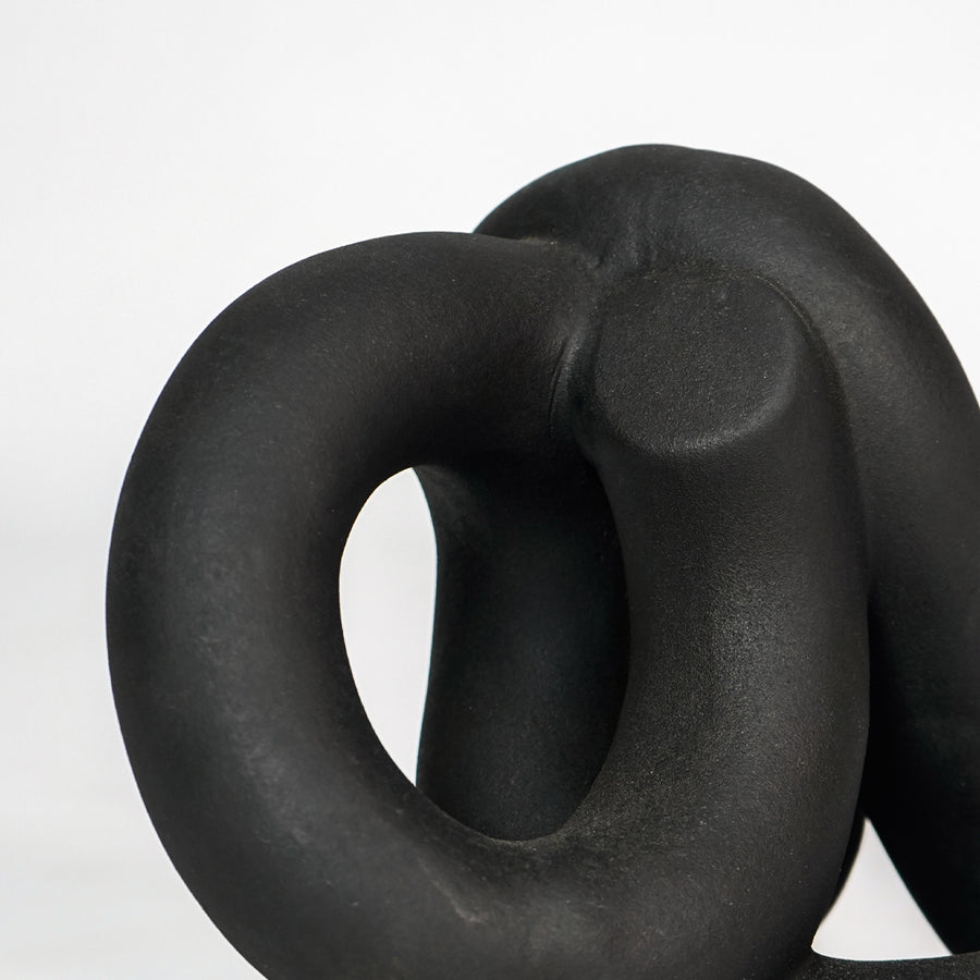 Closeup image of black resin abstract knot decor sculpture for modern shelf placement with smooth matte texture.