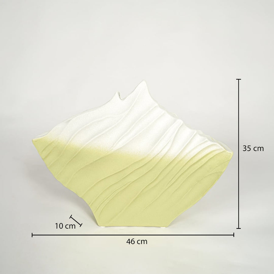 White and green textured ceramic vase dimension image showing 35 cm height 46 cm width and 10 cm depth decorative accent.