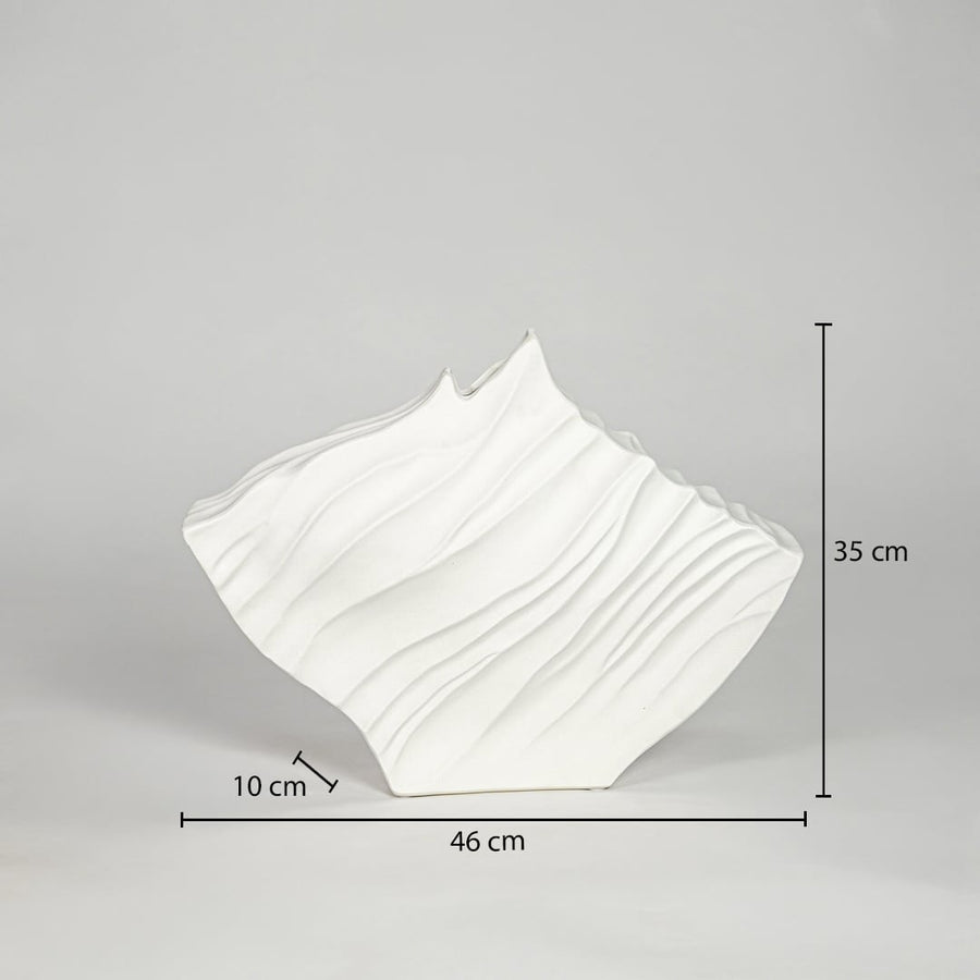 White ceramic abstract vase size 35 cm height 40 cm width 10 cm depth decorative designer vase for console table styling.