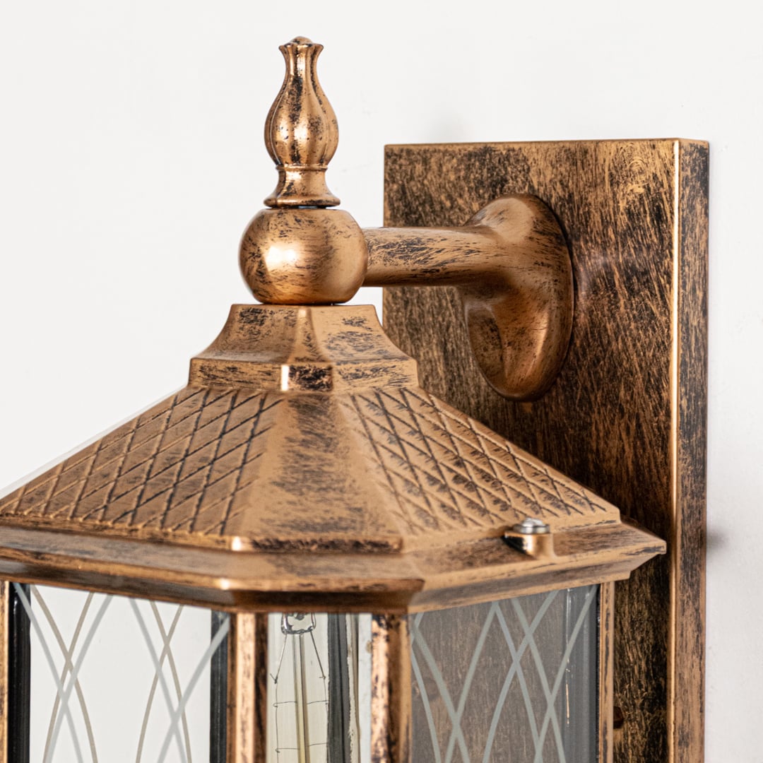 Closeup of Elora outdoor wall light showing metal body clean finish and durable build designed for exterior wall lighting use.