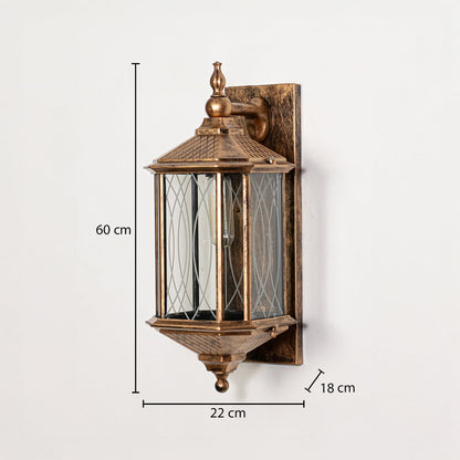 Antique gold metal outdoor wall lantern measuring 60 cm height 22 cm width and 18 cm depth designed for wall mounting.