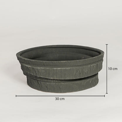 Black ceramic decorative serving bowl showing 30 cm diameter and 10 cm height ideal for dining table centerpiece and kitchen decor display.