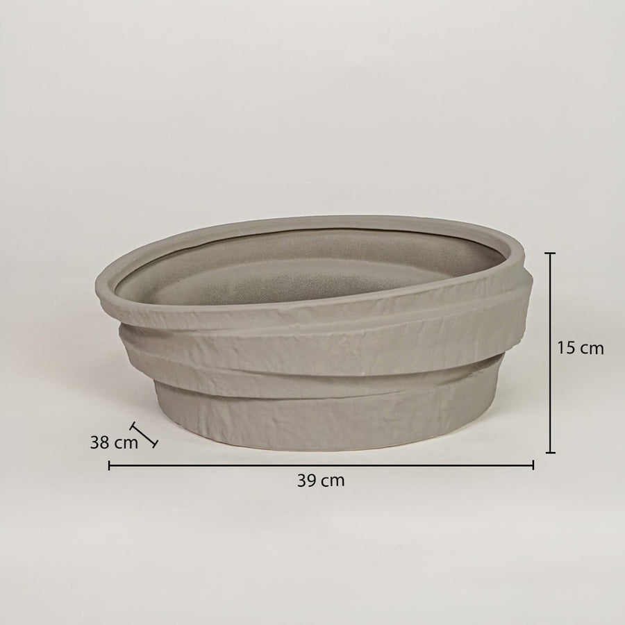 Grey ceramic decorative bowl measuring 15 cm height and 39 cm width for modern tabletop decor styling.