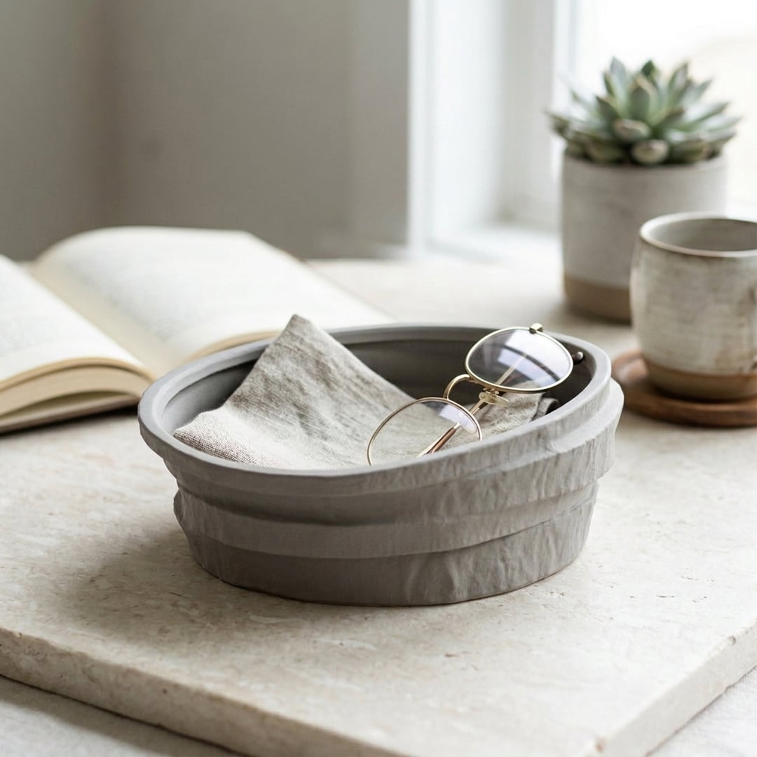 Grey ceramic decorative bowl with textured finish placed on marble table for elegant tabletop decor styling.