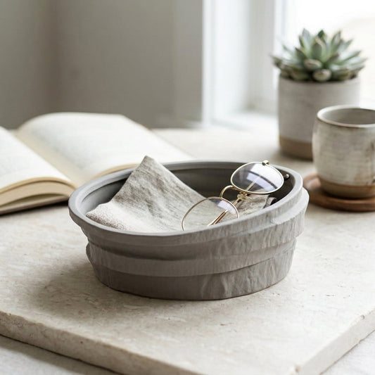 Grey ceramic decorative bowl with textured finish placed on marble table for elegant tabletop decor styling.