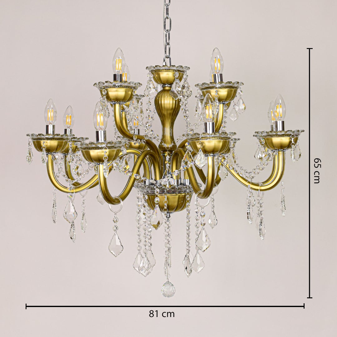 Gold metal chandelier measuring 81 cm wide and 65 cm tall with crystal drops ideal for living and dining lighting.