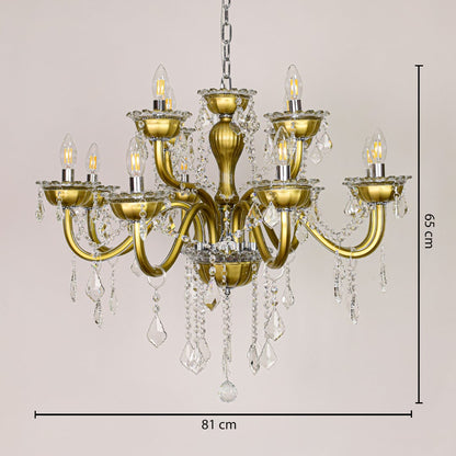 Gold metal chandelier measuring 81 cm wide and 65 cm tall with crystal drops ideal for living and dining lighting.