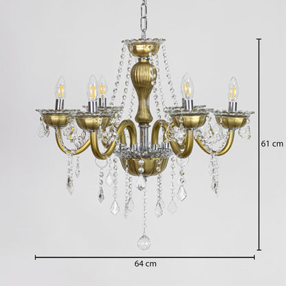 Vintage gold metal crystal chandelier sized 61 cm height and 64 cm width ideal for elegant living room or dining room ceilings.