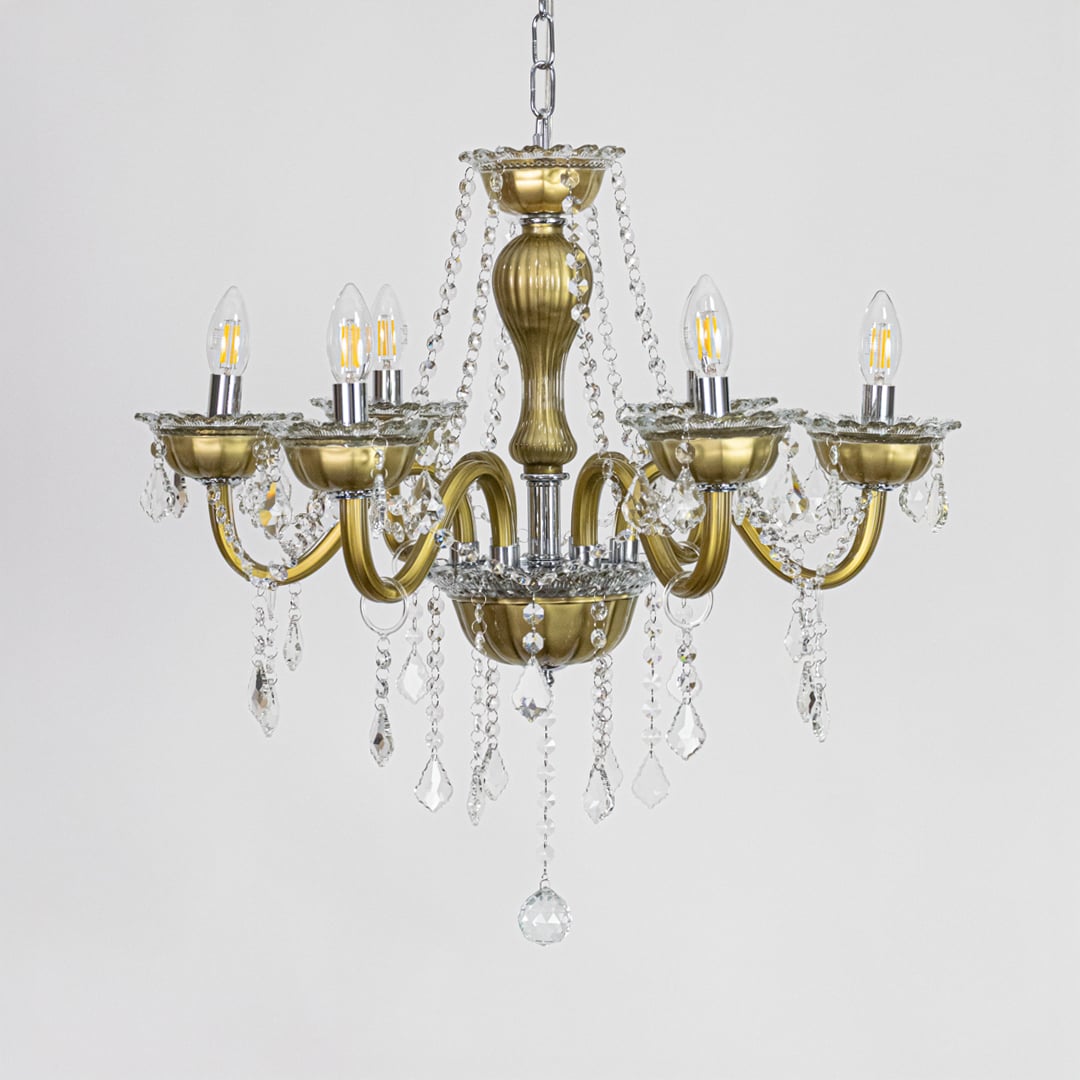 Vintage gold metal crystal chandelier displayed on white background ideal for classic warm interior ceiling styling.