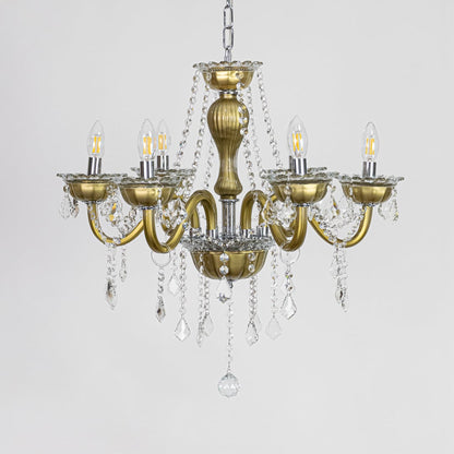 Vintage gold metal crystal chandelier displayed on white background ideal for classic warm interior ceiling styling.