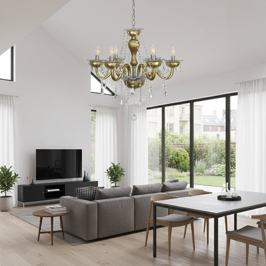 Vintage gold metal crystal chandelier adds elegant warm lighting to living room or dining room ceilings for classic decor.