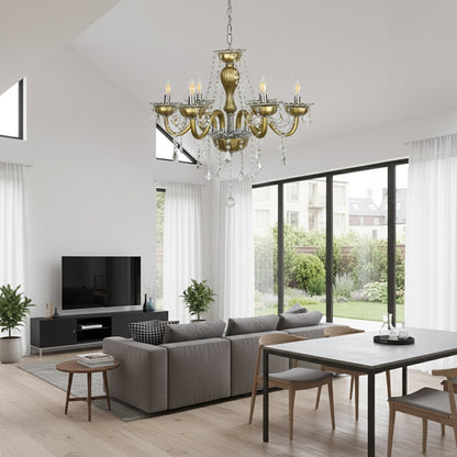 Vintage gold metal crystal chandelier adds elegant warm lighting to living room or dining room ceilings for classic decor.