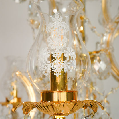 Closeup image of antique style clear glass chandelier for modern dining room decor styling with beautiful glass details.