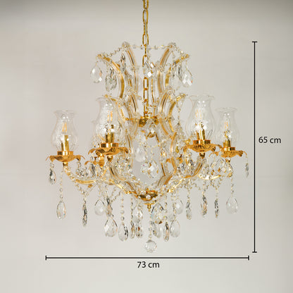 Dimension image of antique style clear glass chandelier for modern dining room decor styling with precise measurements.