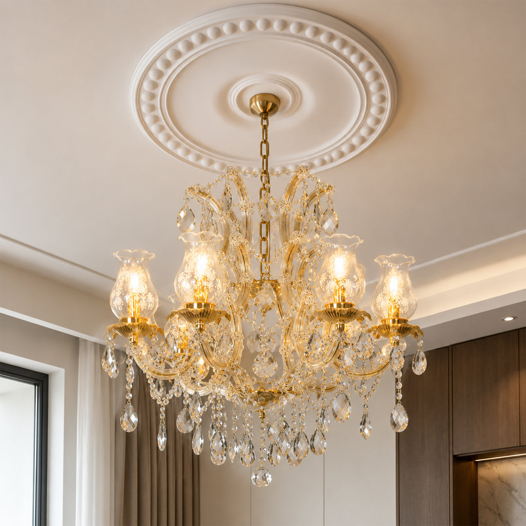 Lifestyle image of antique style clear glass chandelier for luxury living room decor styling with beautiful glass details.