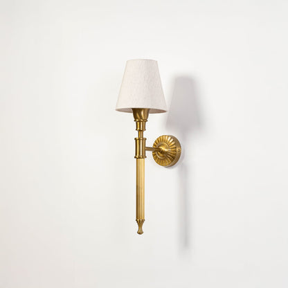 Classic brass wall sconce with white shade in off position displayed on clean minimal white background for product view.