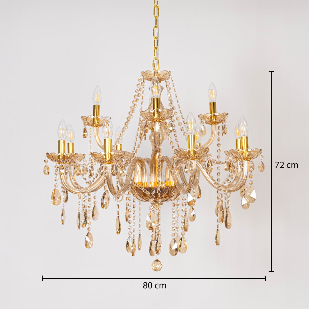 Golden chandelier with crystal droplets shown with 80 cm width and 72 cm height for luxury decorative lighting.