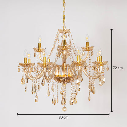 Golden chandelier with crystal droplets shown with 80 cm width and 72 cm height for luxury decorative lighting.