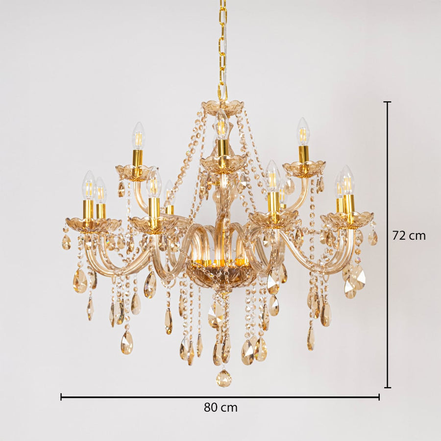 Golden chandelier with crystal droplets shown with 80 cm width and 72 cm height for luxury decorative lighting.