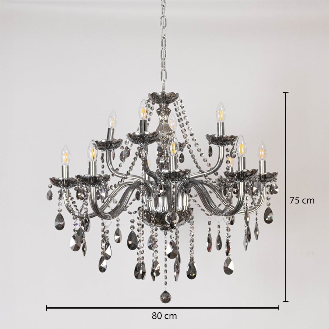 Smoky crystal chandelier with silver finish shown with 80 cm width and 75 cm height for luxury decorative use.